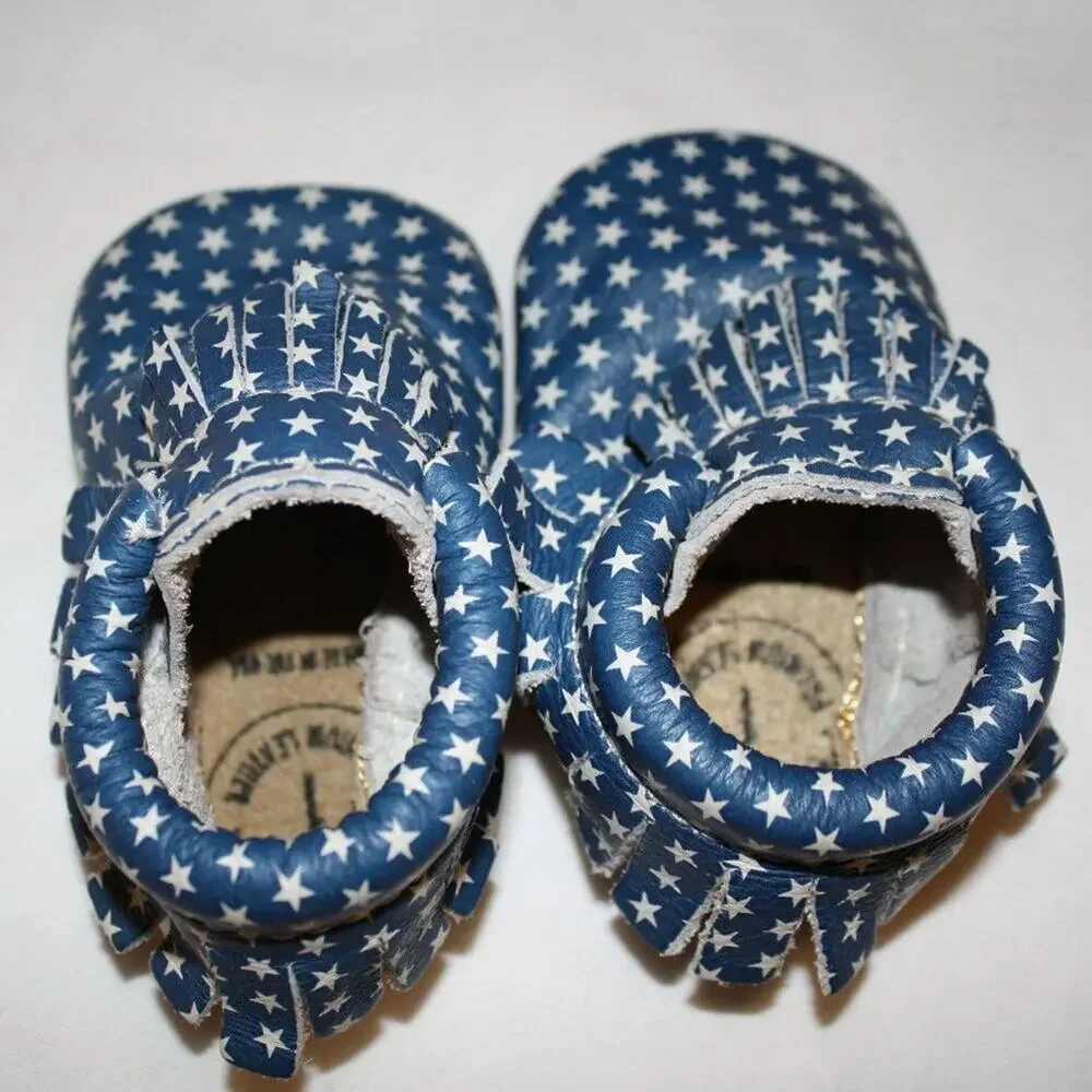 Freshly Picked Leather Moccasin Blue Star Spangled Crib Shoes Baby Girl Size 1